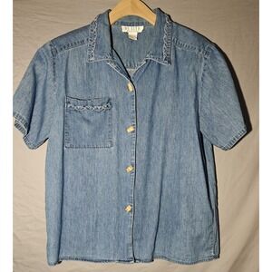 Embroidered Denim‎ Shirt Short Sleeve Bamboo toggle buttons Petite Large Cotton